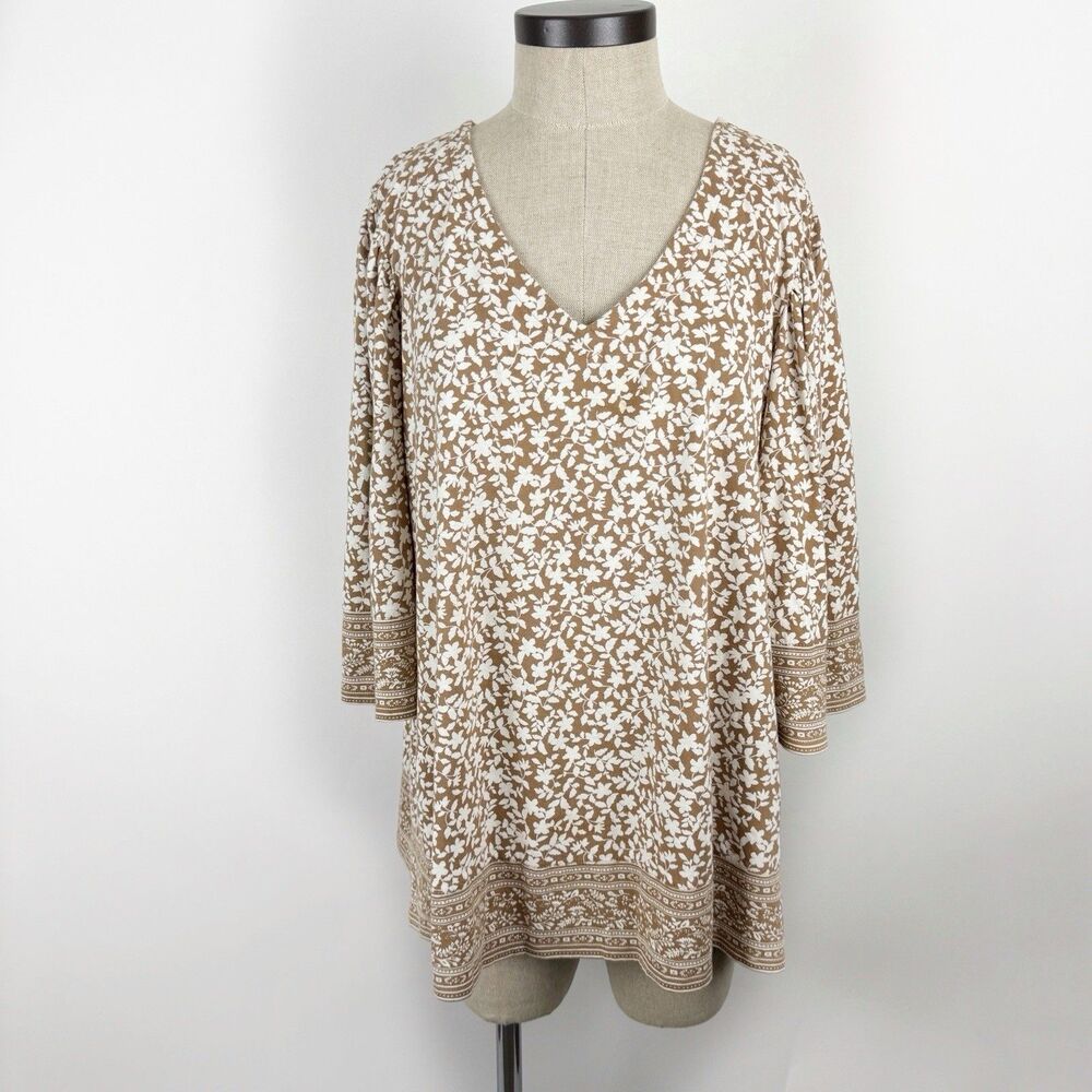 J Jill Top Women's Tan Brown White Floral V-Neck Wide Sleeve Blouse